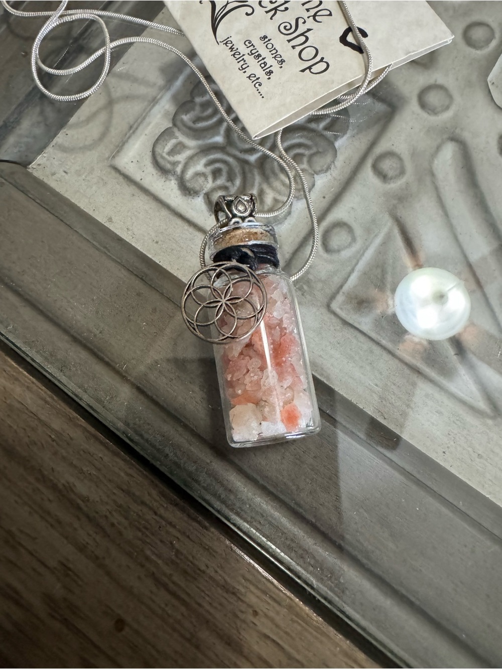Himalayan Salt Bottle Pendant Necklace with Seed of Life Charm - Pink